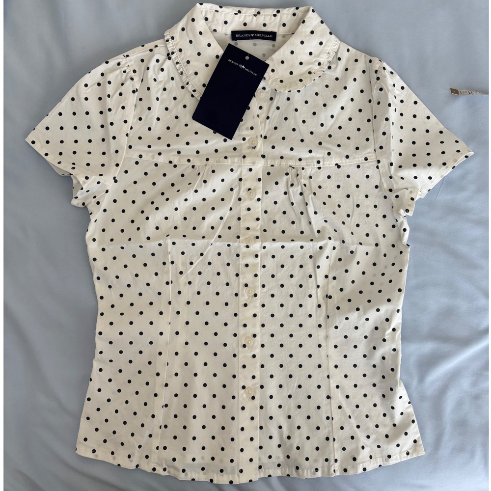 Brandy Melville Button Up Shirt Womens One Size White Polka Dot Peter Pan Collar - Picture 2 of 8